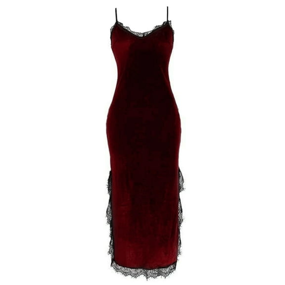 Yokua Women Velvet Lace Trim Split Nightgown Spaghetti Strap V-Neck Long Slip Dress