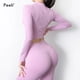 thumbnail image 4 of Traje de Yoga sin costuras, conjunto deportivo, ropa de gimnasio, Fitness, Top corto de manga larga para mujer, mallas de cintura alta, conjunto de entrenamiento acanalado, chándales, 4 of 5
