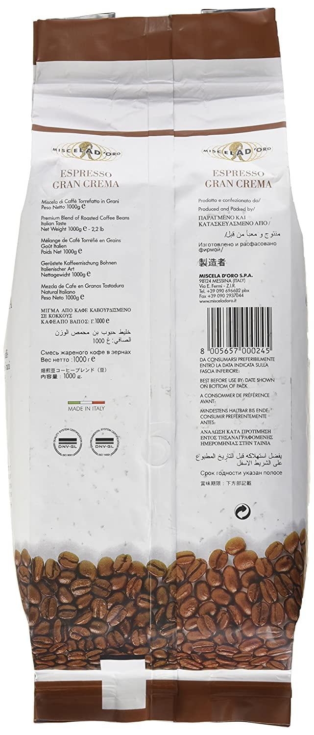 Miscela d'Oro Gran Crema Espresso Whole Roasted Coffee Beans, 2 Pack, 2.2 lbs Each