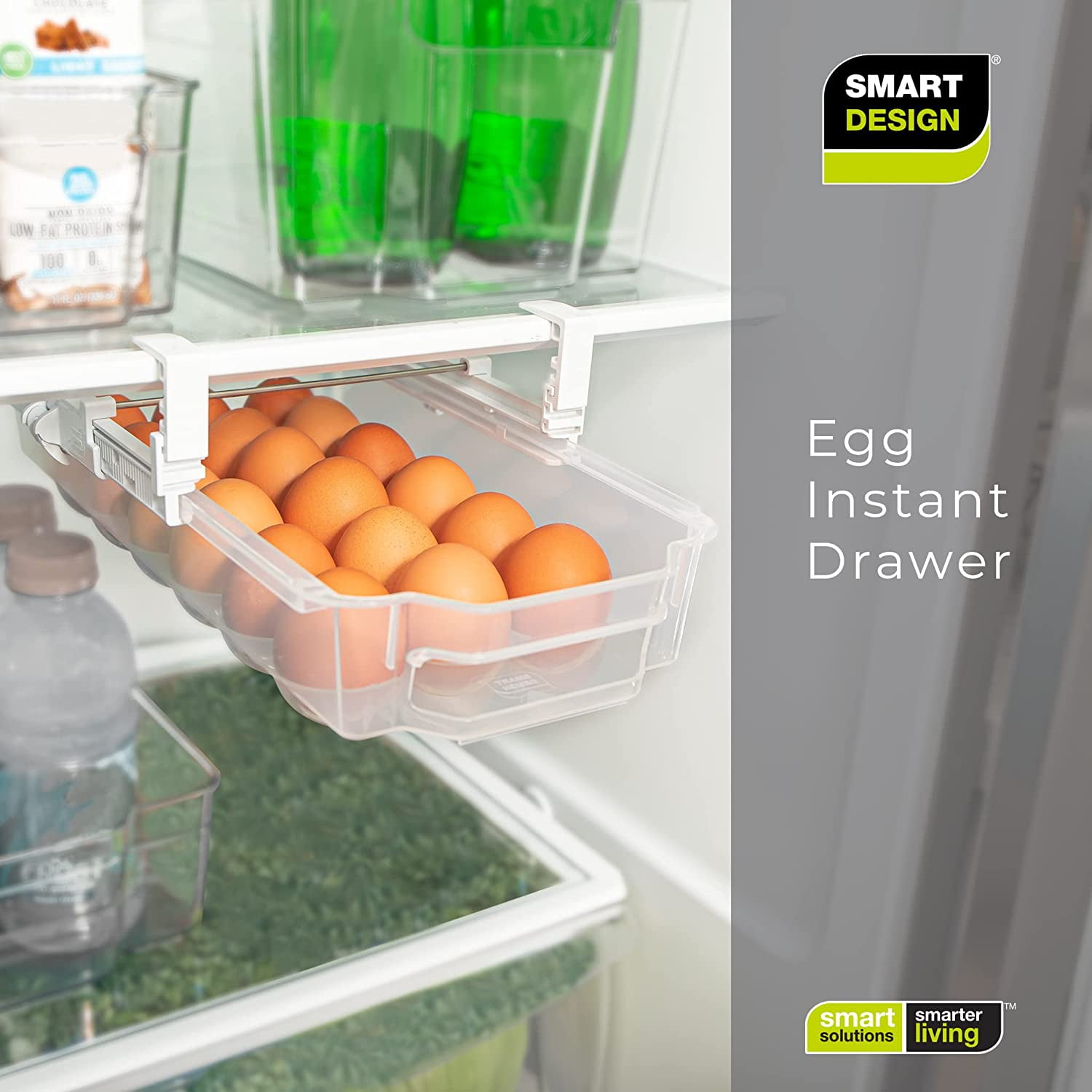 Smart Design Sliding Egg Drawer with Extendable Rails Set of 2 - Holds 18 Eggs Each - Adjustable Hooks - BPA Free - Clear Food Storage Container for Fridge or Freezer - Pull Out Organizer Bin