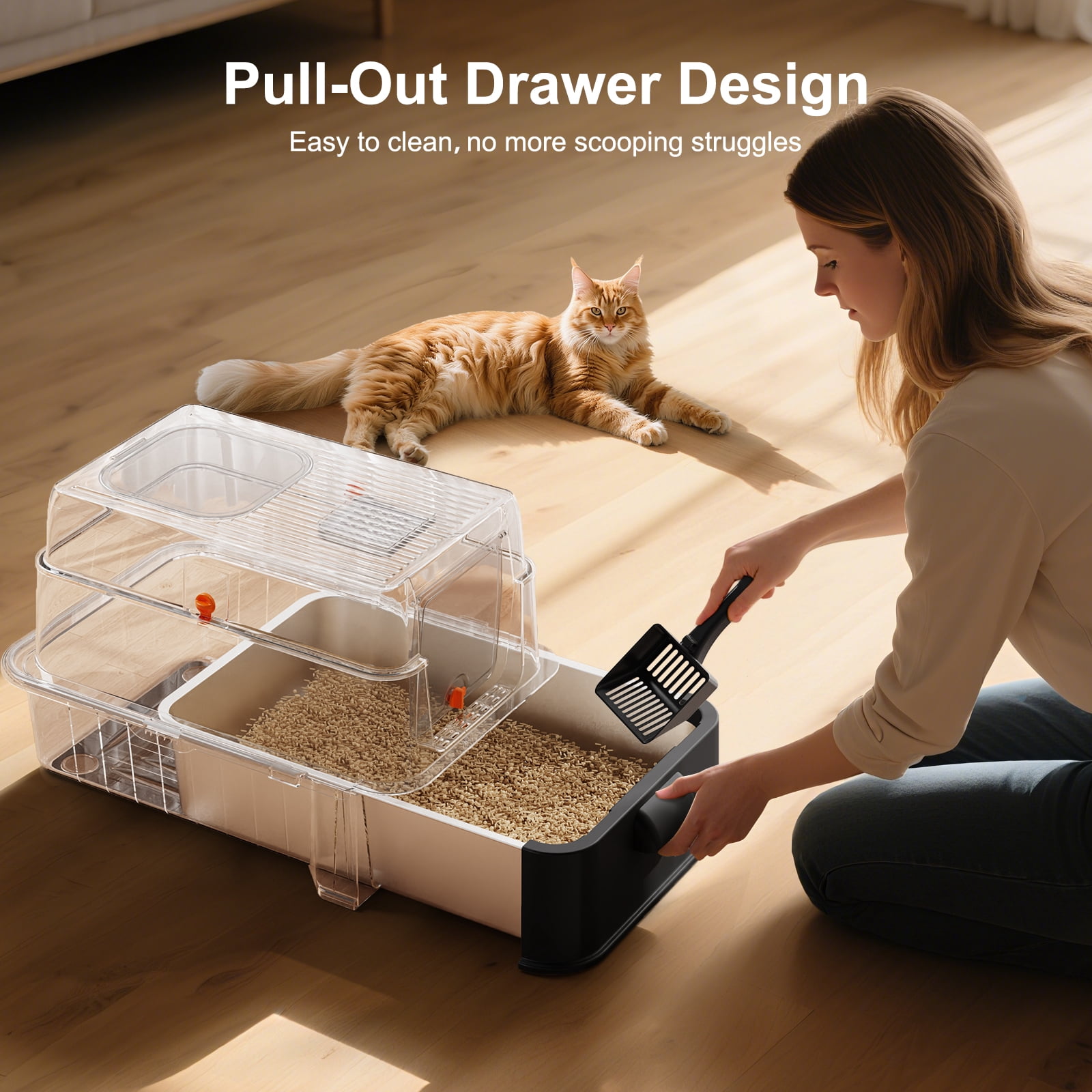 Stainless Steel Cat Litter Box with Lid, Foldable Enclosed Litter Box, Extra Large Metal Litter Box with Scoop and Mat, 24"*16.1"*16.1", Black