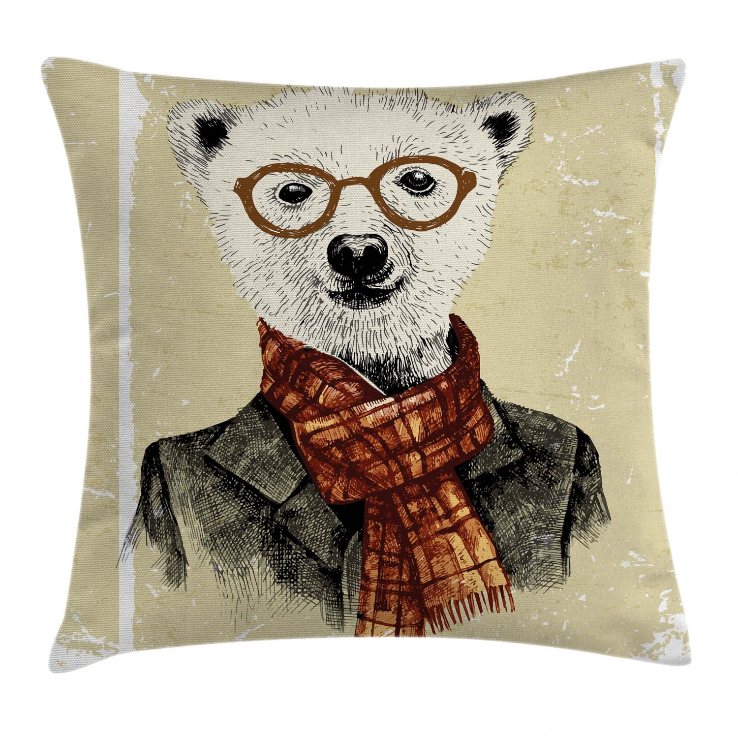 Animal Throw Pillow Cushion Cover, Hipster Bear with Glasses Scarf