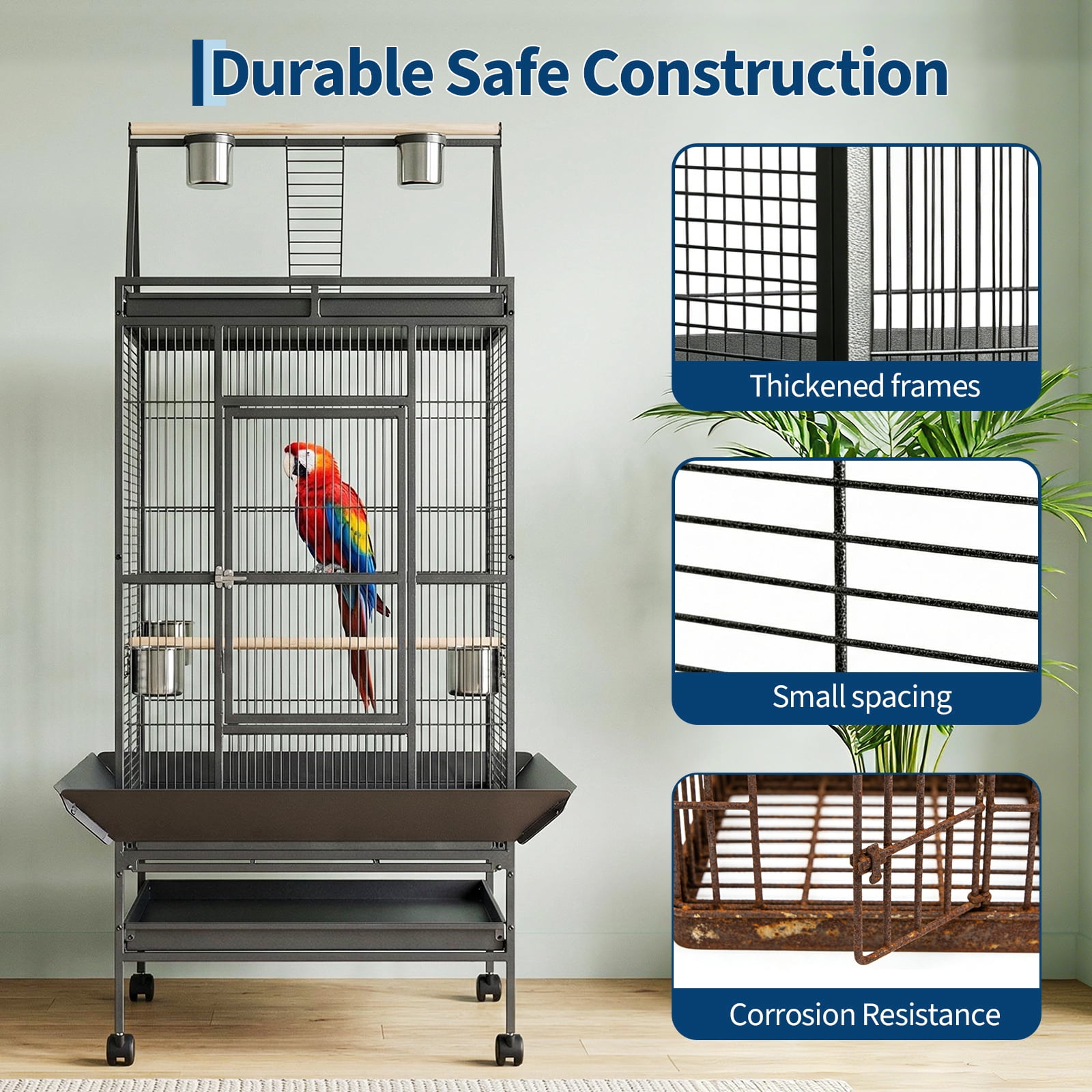 PYY 68-Inch Large Bird Cage for African Grey Parrots Macaws Cockatiels, Heavy Duty Wrought Iron Flight Cage with Play Top, Rolling Stand and Seed Guard, Black