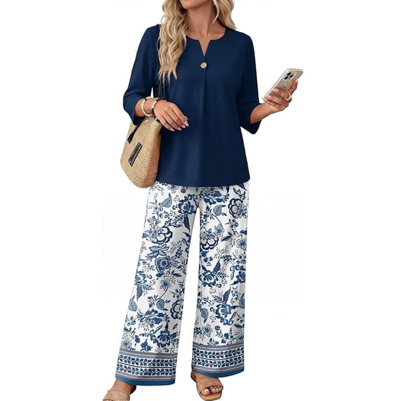 VDJ Two Piece Sets for Women 3/4 Length Sleeve Outfits Summer Fall 2026 Vacation Boho Beach Wide Leg Pants Clothing Matching Sets