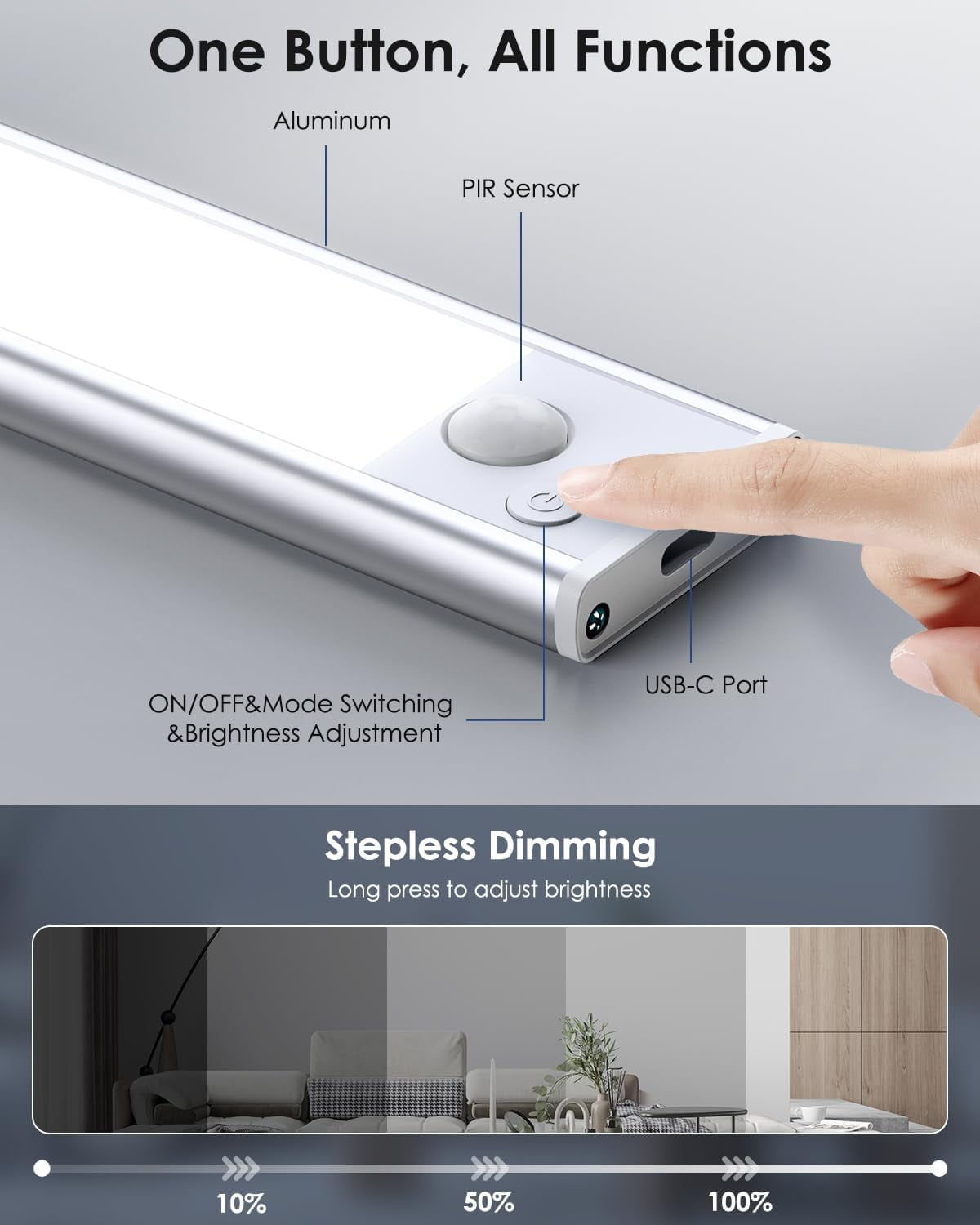 5-Pack Under Cabinet Lighting, Upgraded 2200mAh Rechargeable Lights Wireless, LED Motion Sensor Light Indoor Closet Under-Counter Fixtures for Kitchen, Hallway, 10in