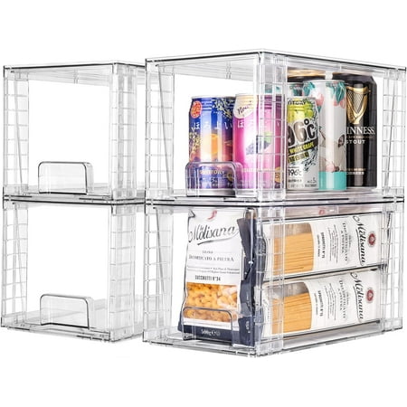 4Pack Large Stackable Kitchen Storage Drawers, Clear Foods Organizer Bins with Handles, Easily Assemble for Bathroom, Kitchen, Pantry, Cabinet, Closet(XL-UP Handle)