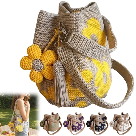Fuebueo 7.9 Inch Crochet Summer Handbags, Woven Bucket Bag with Floral Charm and Tassel, Boho Summer Beach Shoulder Bag for Women and Teens, Yellow Flower