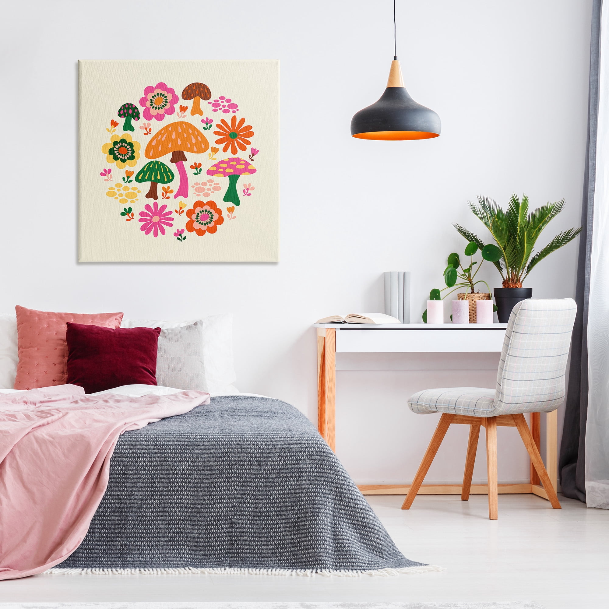 Stupell Industries Groovy Mushrooms & Daisies Botanical & Floral Painting Gallery Wrapped Canvas Art Print Wall Art, 36 x 36