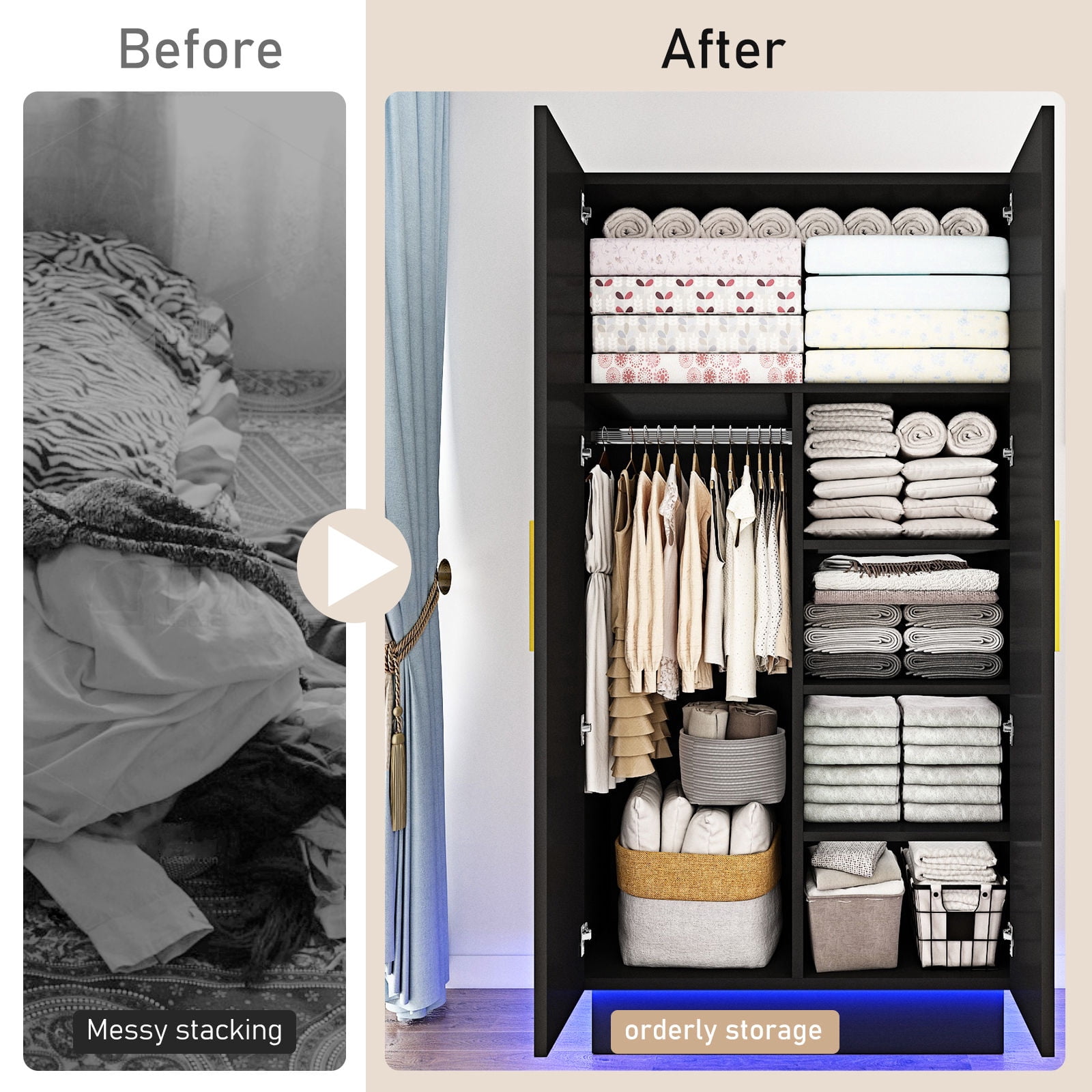 Blotout 70" Armoire Wardrobe Closet with LED Lights, Modern 2 Doors Adult Wood Closet Storage Cabinet with Hanging Rod&RGB LED 6000 Color Lights/5-Tier Storage Shelves