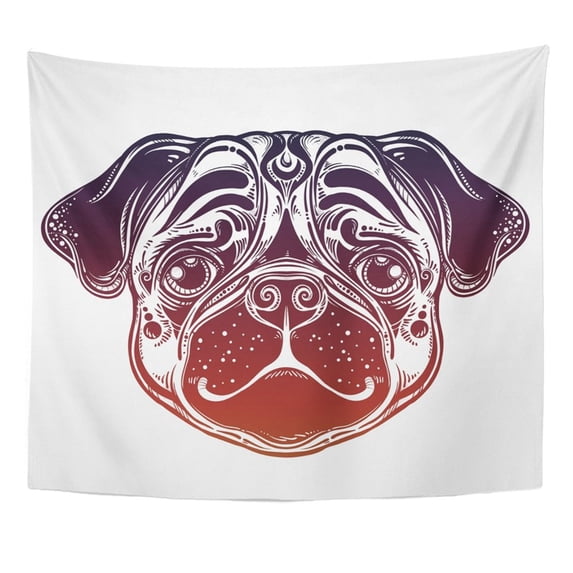 ZEALGNED Linear Style Pug Dog Face Character Tattoo for Pet Lovers and Textiles Wall Art Hanging Tapestry Home Decor for Living Room Bedroom Dorm 60x80 inch
