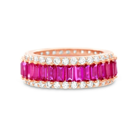 Rose Cut Ring - Ruby Red Cubic Zirconia Emerald Cut with Border Band Ring in Rose Gold Plated Sterling Silver