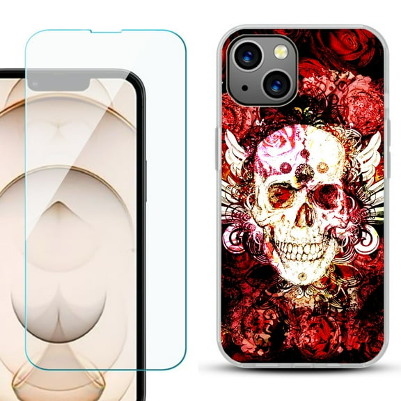 Slim-Fit Flexible TPU Gel Phone Case for iPhone 13, with Tempered Glass Screen Protector, by OneToughShield ® - Rose Skull