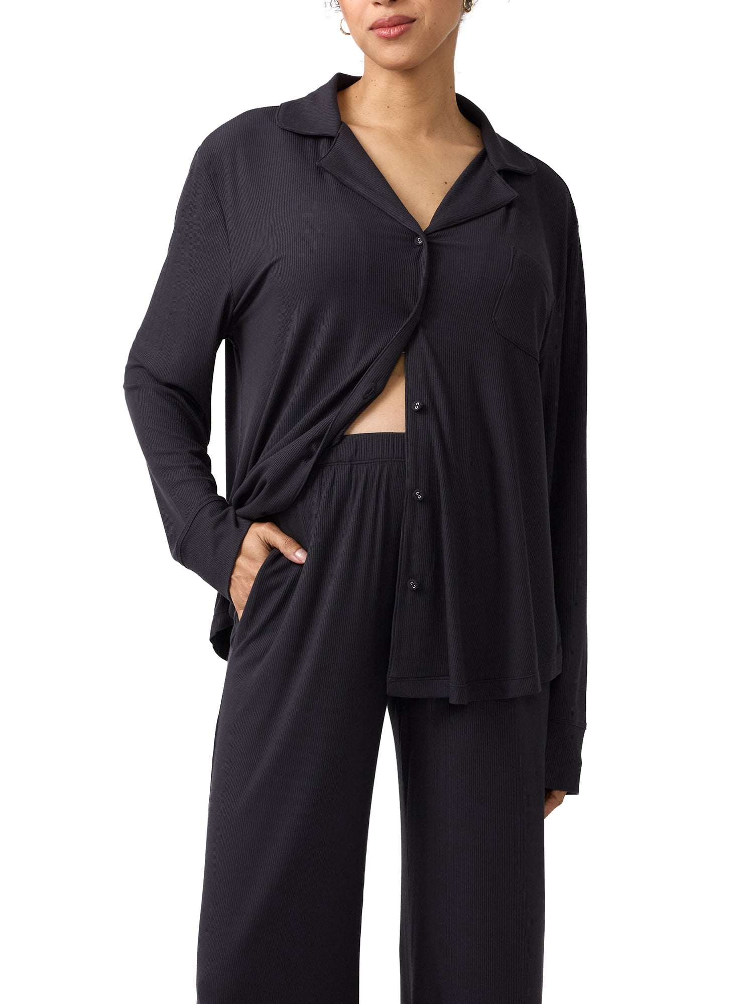 Ingrid & Isabel For Every Belly Women's Maternity Long Sleeve Button Down Shirt & Open Leg Pajama Set, Sizes S-XXXL