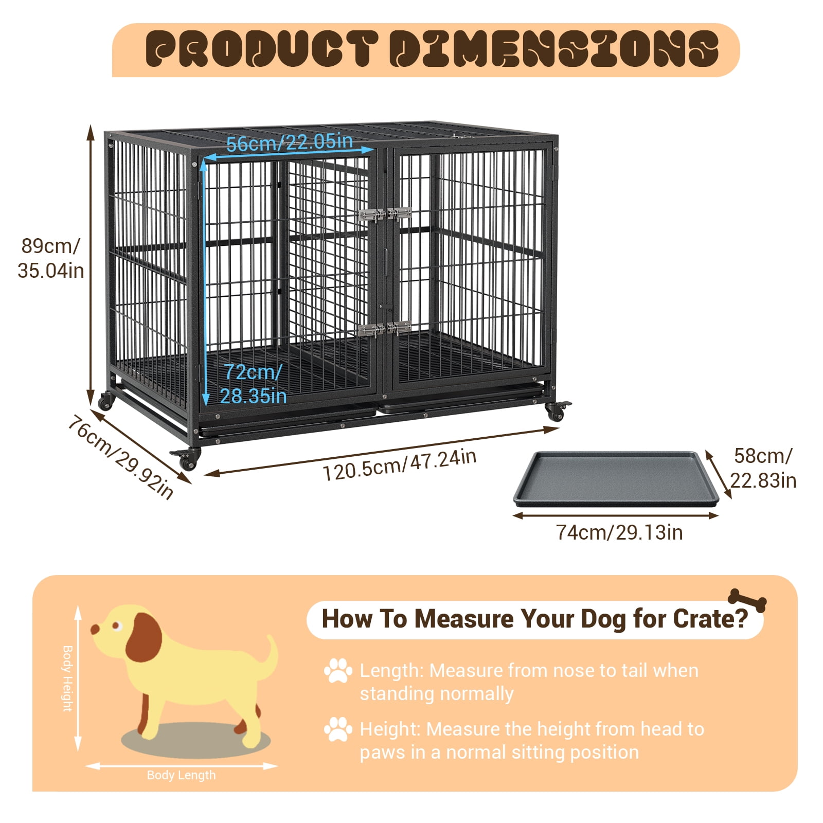 Steel Dog Crate 48" - Heavy Duty Kennel with Removable Tray & Locking Wheels