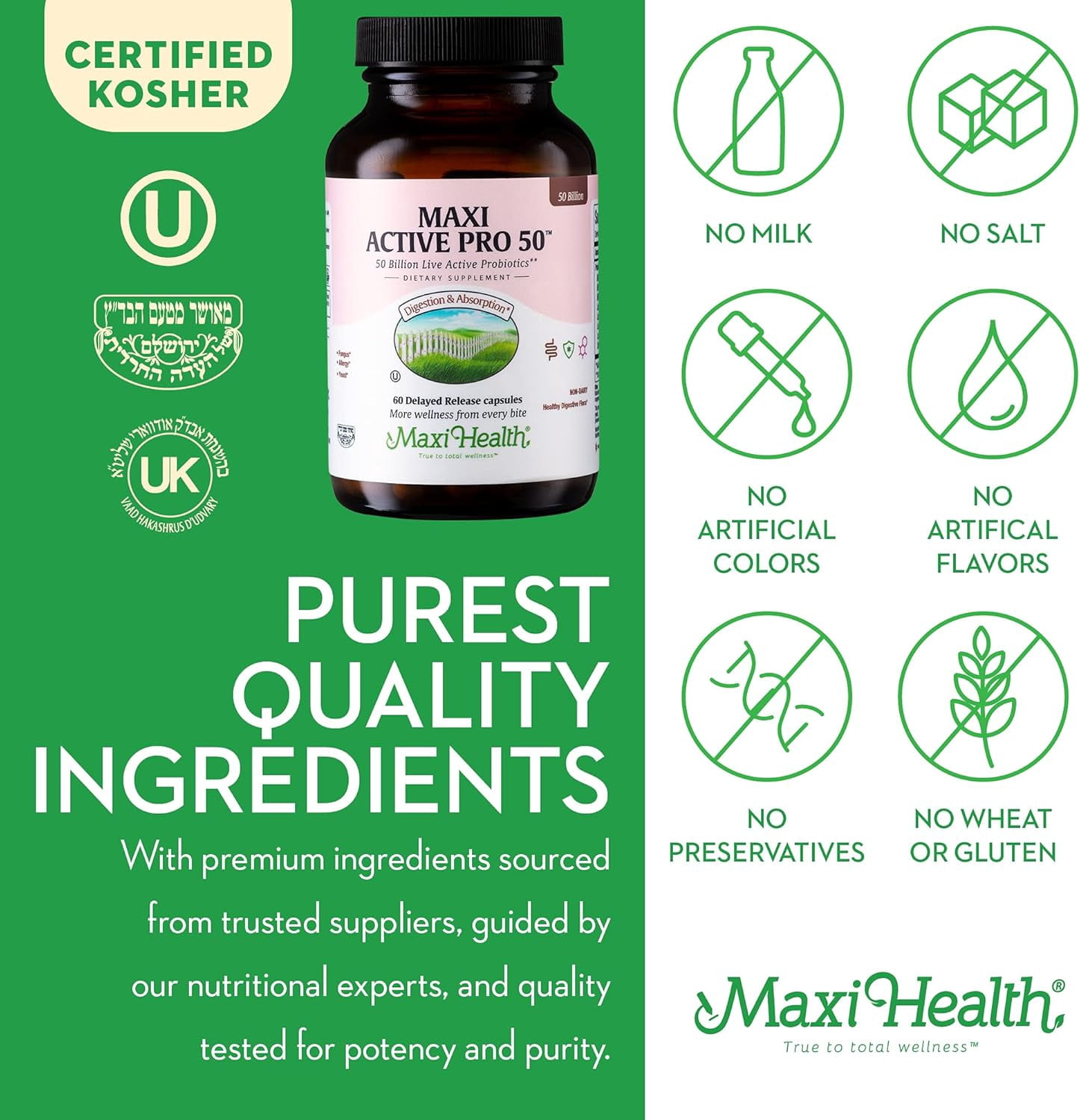 Maxi Health Probiotic Plus – Prebiotic & Probiotic for Adults and Kids – 50 Billion CFU – 60 Capsules