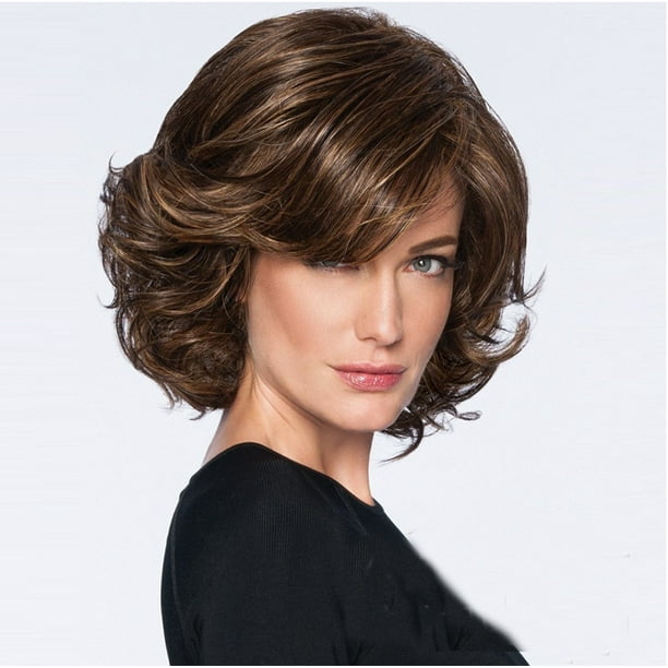 Fashion Women Synthetic Short Fluffy Brown Hair Wig Natural Wavy Curly Wigs
