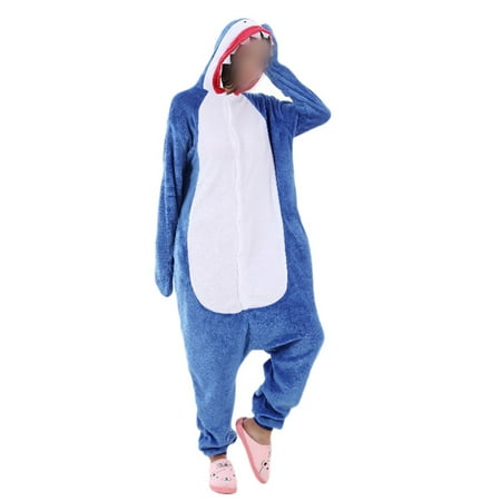 

Lumento Ladies Rompers Long Sleeve Pajamas Flannel Jumpsuit Women Beam Foot One Peices Casual Cartoons Animals Print Hoodie Blue Shark M