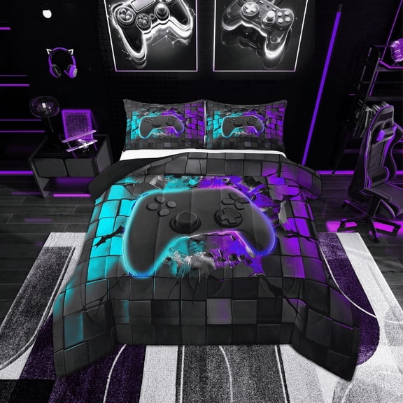 Erosebridal Teen Gamepads Bedding Twin Comforter Set,Blue Purple Down Comforter,Geometric Buffalo Bedding Sets Twin with Comforter,Breathable Gradient Bedroom Decorative,Reversible,2-Piece