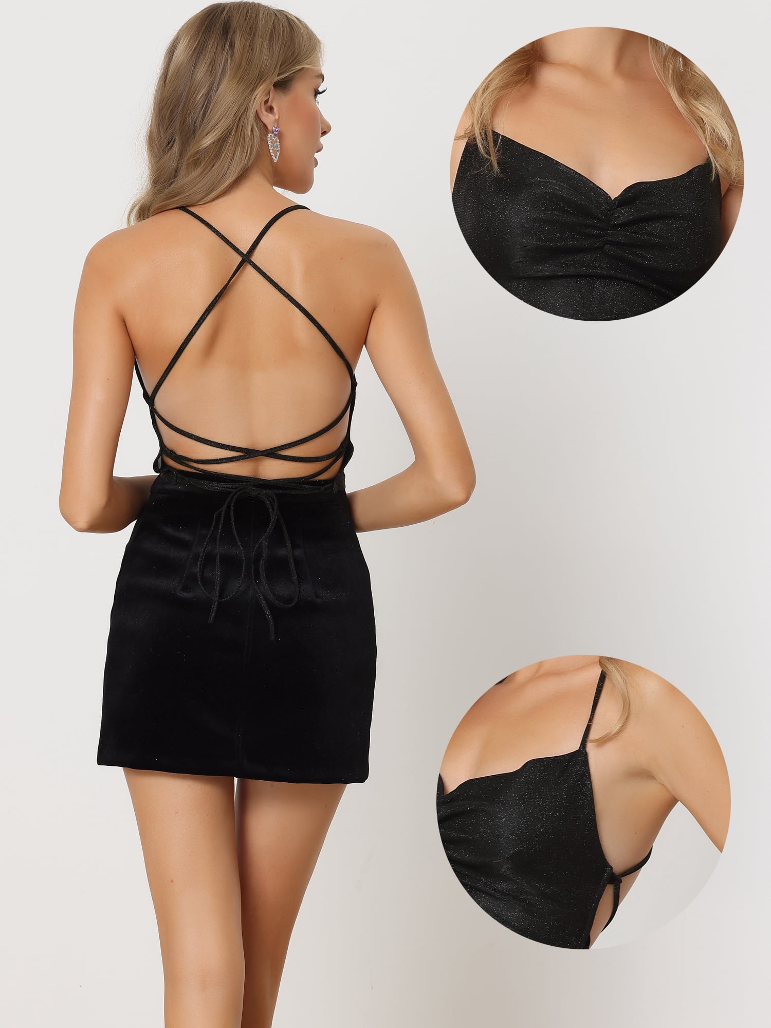DARING DIVA Women's Glitter Party Crisscross Back Spaghetti Strap S Black