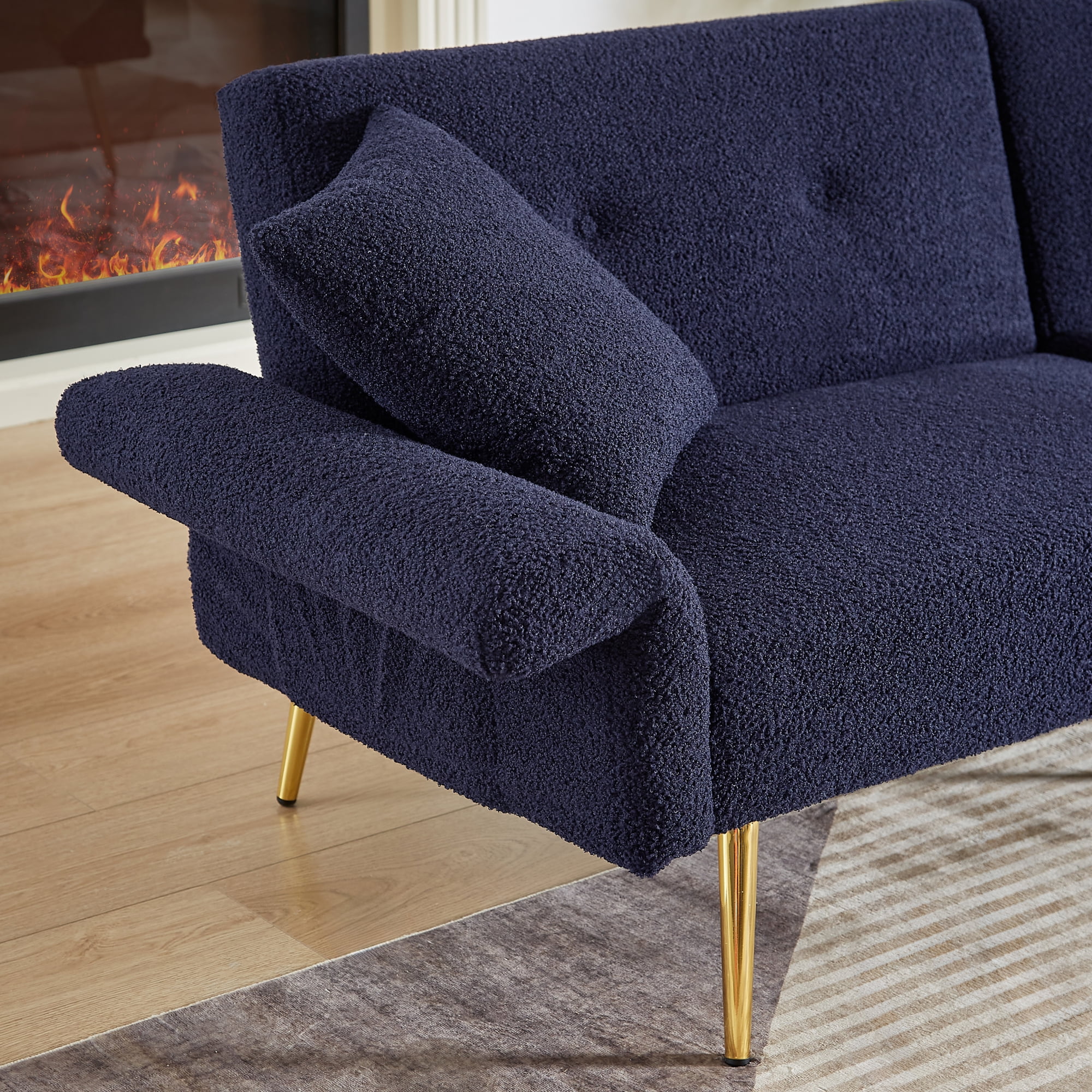 Jopath 80" Futon Sofa Bed,Teddy Upholstered Convertible Loveseat Sleeper Sofa Couch with Foldable Armrest,Adjustable Backrest and Golden Metal Legs for Living Room,Dark Blue