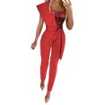 thumbnail image 2 of Combinaison Mode Femme Couleur Unie Ajustée Sans Manches Ceinture Décorative Perlée Combinaison, Rouge Pantalon Décontracté en Polyester pour Femmes 2TG, 2 of 7