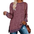 thumbnail image 1 of Blusa Manga Larga Bloqueo de Color Cuello Redondo Abertura Lateral Tops Básicos Cómodos para Mujer, 1 of 6
