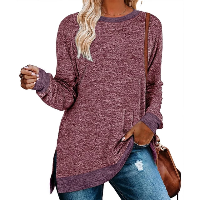 Blusa Manga Larga Bloqueo de Color Cuello Redondo Abertura Lateral Tops Básicos Cómodos para Mujer