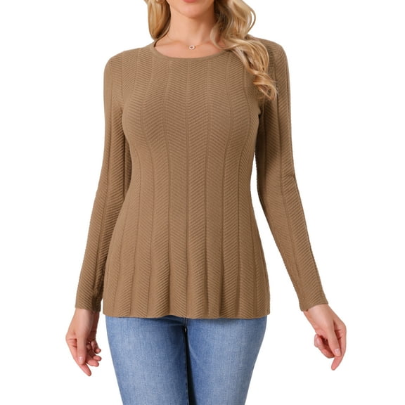 DARING DIVA Long Sleeve Crewneck Pleated Peplum Pullover Sweater S Brown