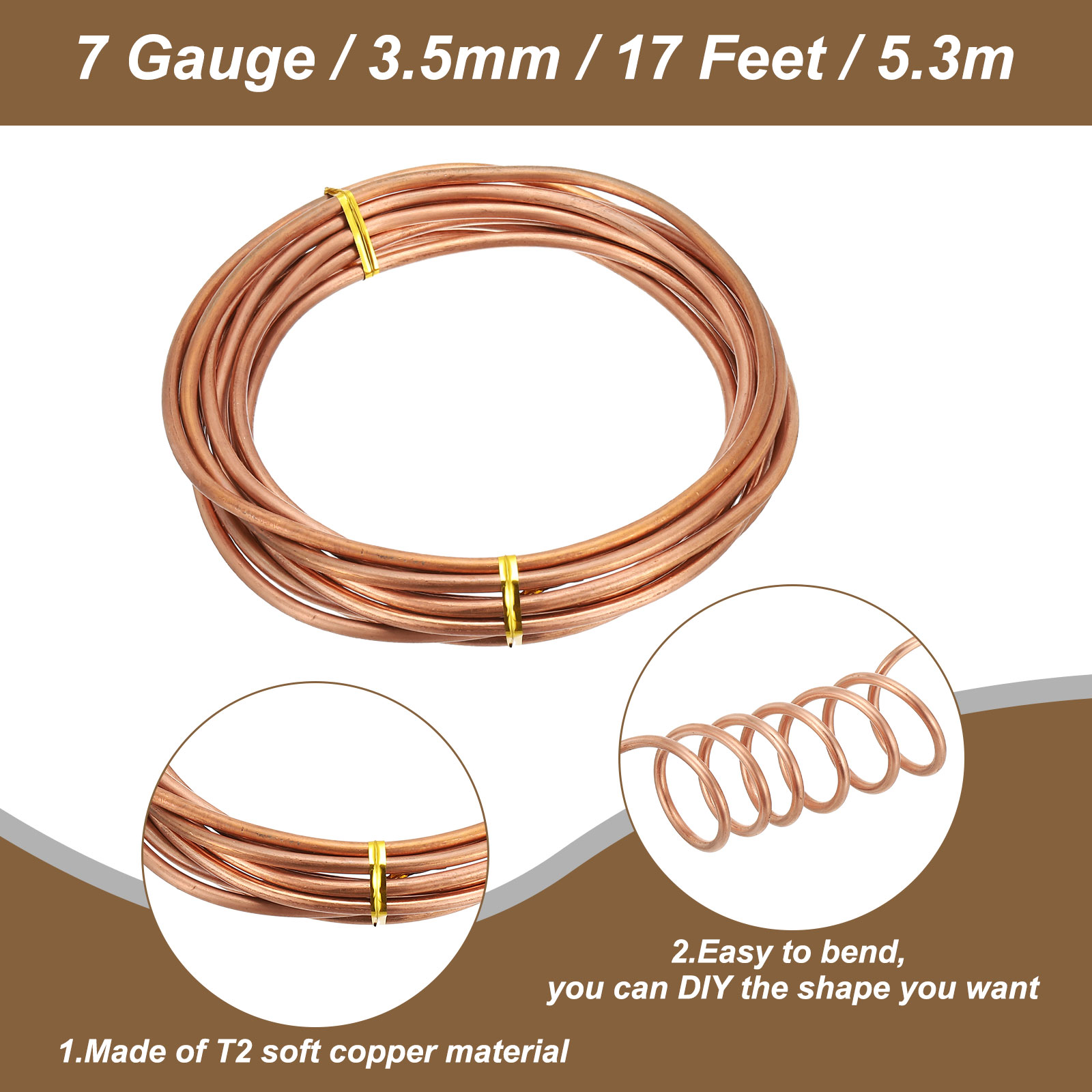 Uxcell 99.9% Soft Copper Wire, 7 Gauge/3.5 mm Diameter 17 Feet/5.3 m 1 Pound