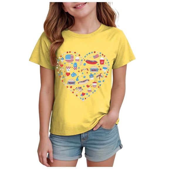 YDFCWXW 4th of July USA Shirt Girls American Flag Patriotic T-Shirt Independence Day Outfit Casual Girls Summer Tshirts (Yellow, 7-8 Years)