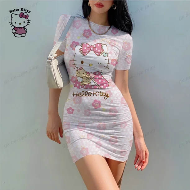 2024 Hello Kitty Vestido ajustado de manga corta con dibujos animados Nuevo verano Sexy para mujer Ropa de calle Y2K Fiesta Club Casual Vestido de playa Venta caliente
