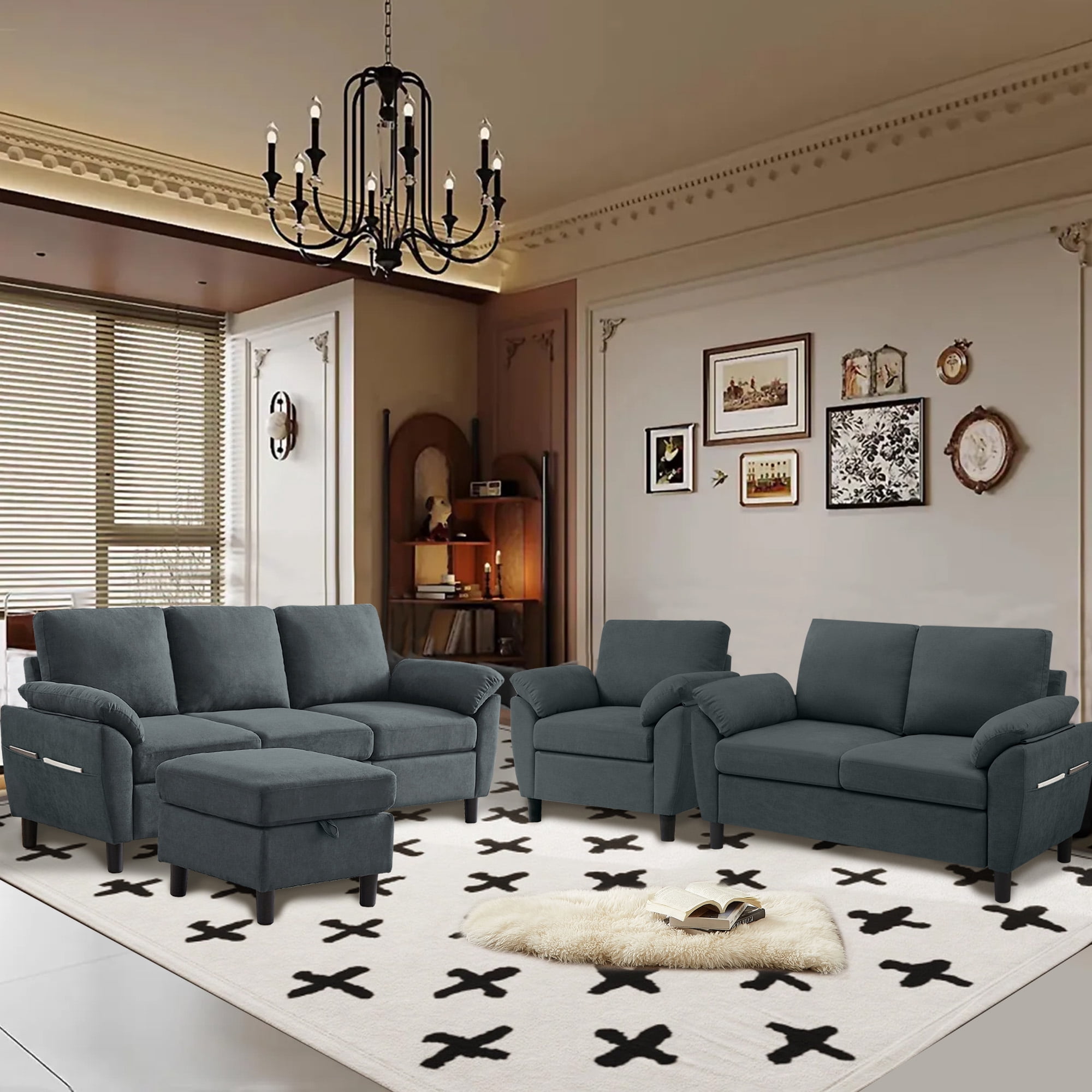 Jarenie 4 Piece Convertible Sectional Sofa Set, Modern Linen Small L Shaped Couch with Reversible Chaise, 3-Seater Sofa & Loveseat & Armchair for Living Room, Office, Apartment, Dark Grey
