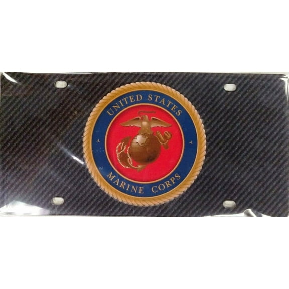 United States Marines Military Laser Tag License Plate, Carbon Fiber Design, Mirrored Acrylic, 12x6 Inch