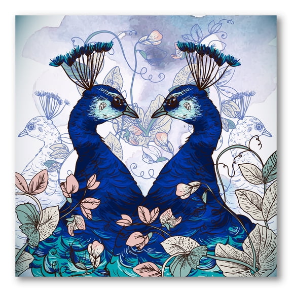 Designart ' Wildflowers With Two Blue Peacocks ' Traditional Canvas Wall Art Print