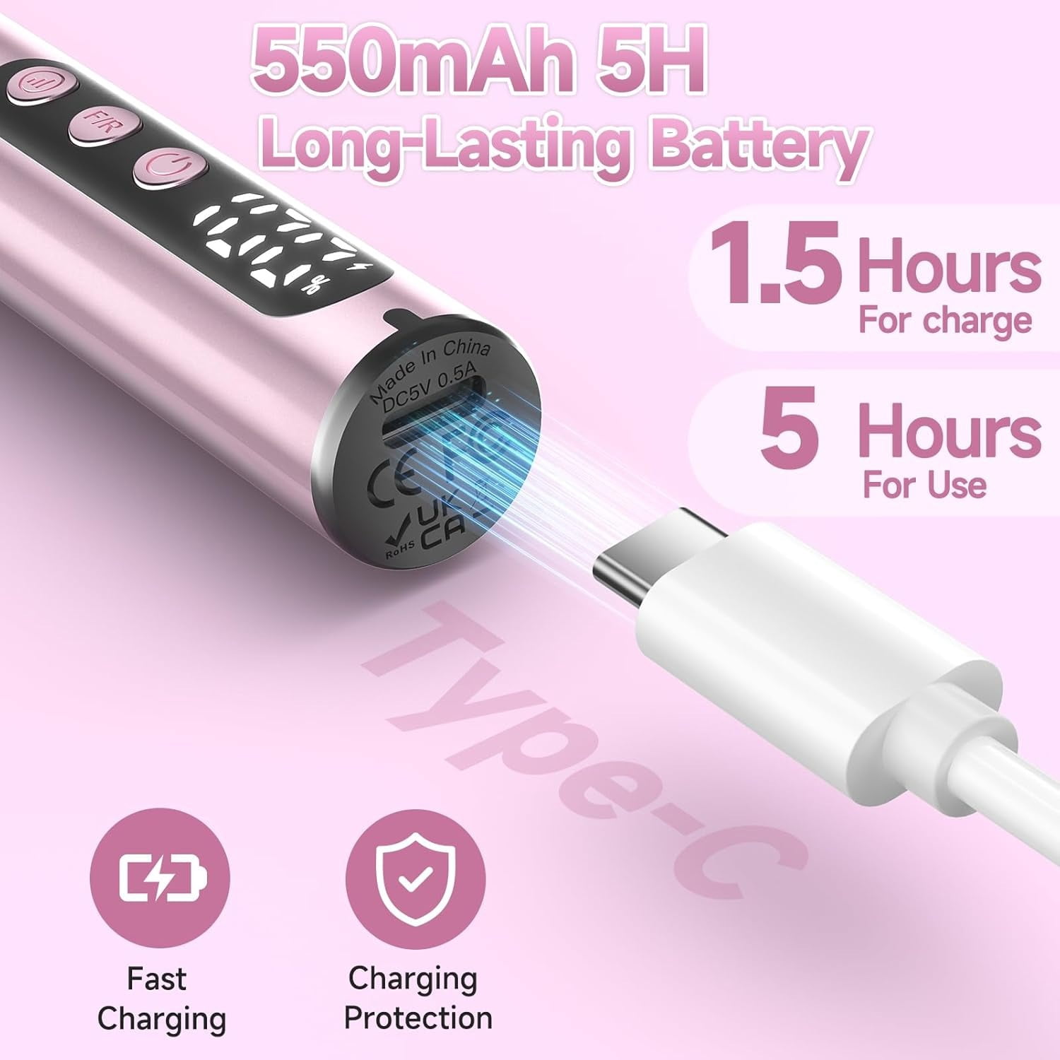 Cordless Electric Nail Drill, 35,000 RPM Rechargeable Nail Drill Machine with 12 Nail Drill Bits, Portable Electric Nail File with LCD Display for Acrylic and Gel Nails, Manicure & Pedicure, Pink
