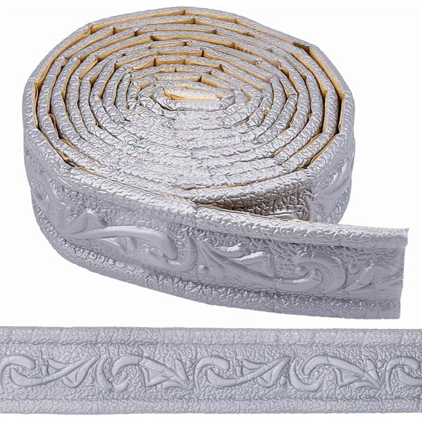 Moldura de espuma autoadhesiva de 90 x 1,8 pulgadas para zócalo, color gris plateado, flexible, con espejo, borde adhesivo, líneas 3D para pared, base y zócalo.