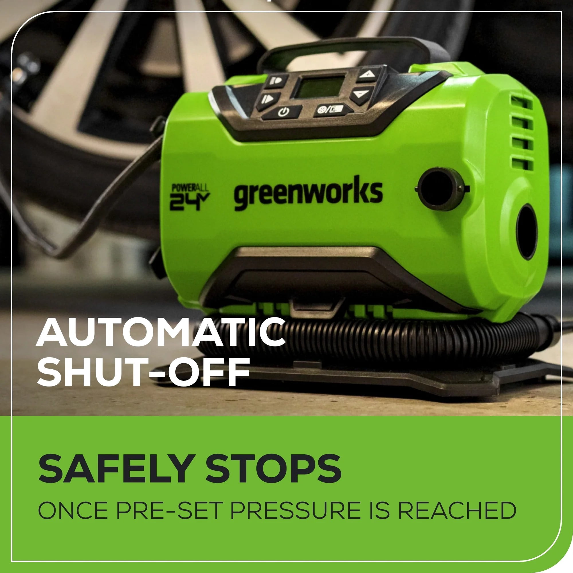 Greenworks 24V Portable Air Compressor, Cordless Tire Inflator, Max 160 PSI, with Usb (Power Bank) 2Ah Battery and 2A Charger