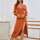 thumbnail image 5 of Vestido largo para mujer, cuello en V profundo, mangas largas abullonadas, abertura lateral, dobladillo de línea A, vestido de cintura alta para uso diario, color caramelo S, 5 of 8