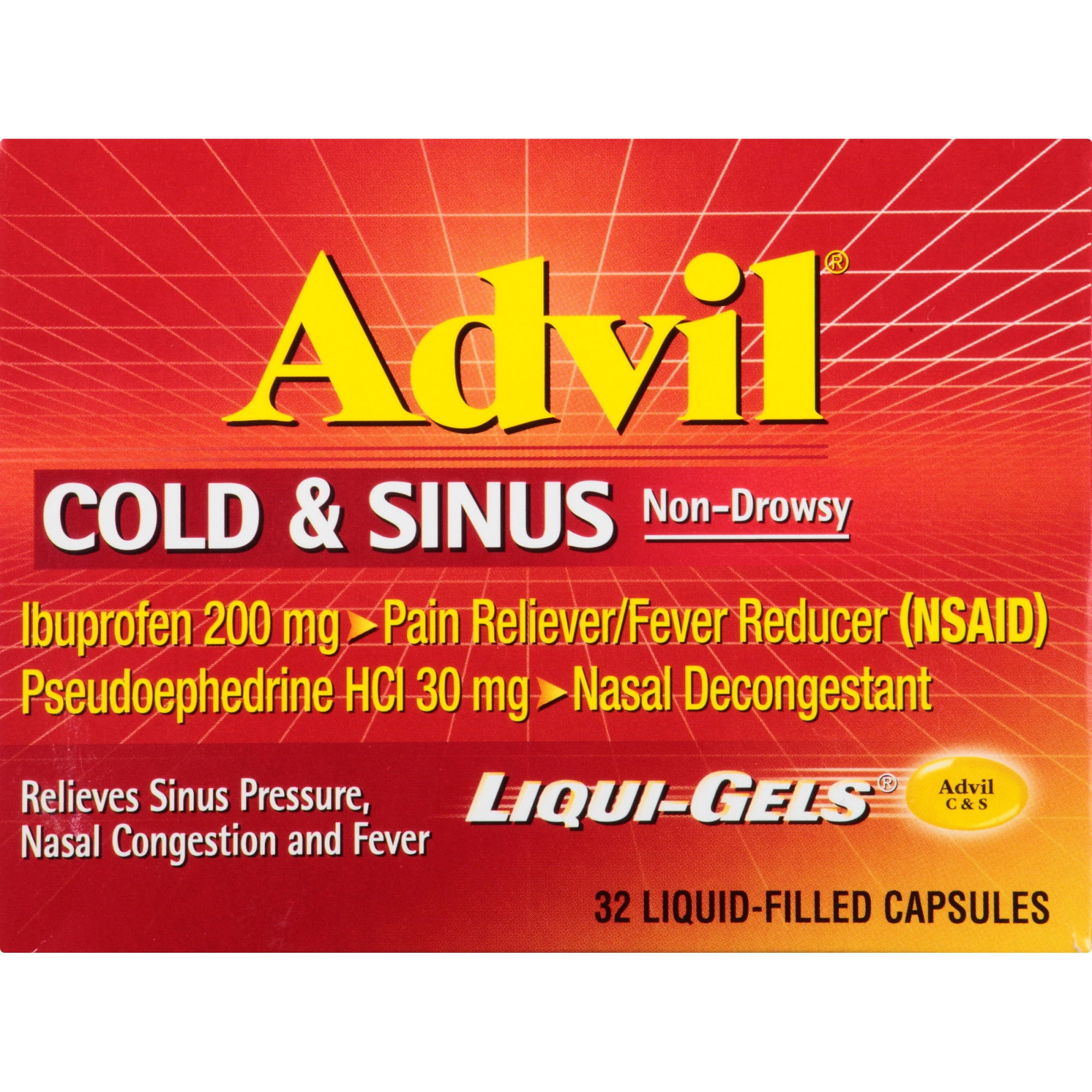 Advil Cold and Sinus Relief, Cold Medicine With Ibuprofen and Pseudoephedrine Hcl - 32 Liqui-Gels