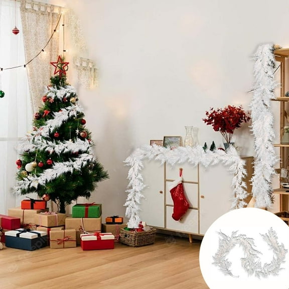 AYktou Christmas Garland, 70 Inch Simulation Pines Cedar Christmas Rattan White Leaves Artificial Garland Hanging Ornaments for Wall Hanging Staircase Fireplace Banister Christmas Tree Decoration