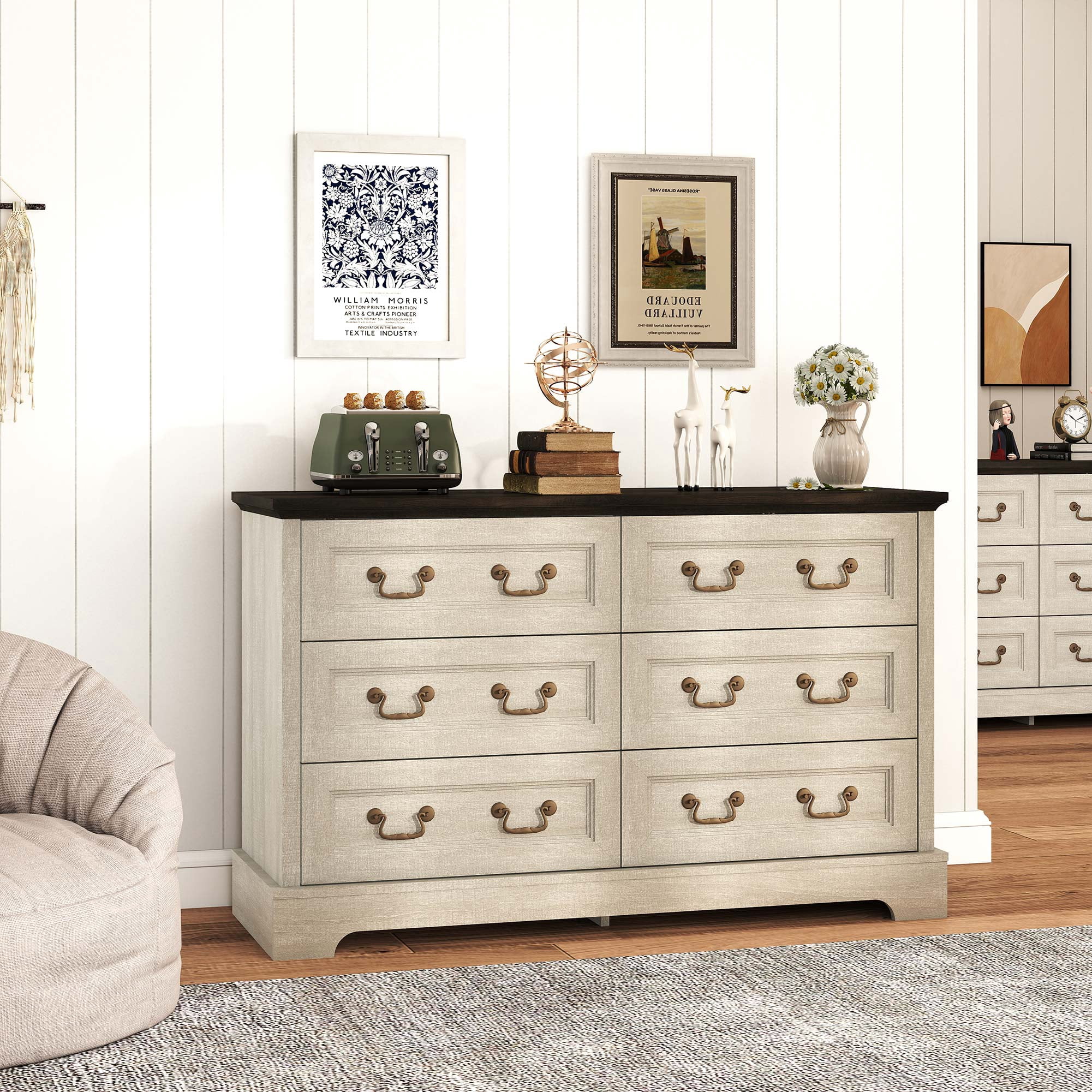 Farmhouse 6-Drawer Dresser, 47.2" Storage Chest for Bedroom, Living Room & Hallway, Gray