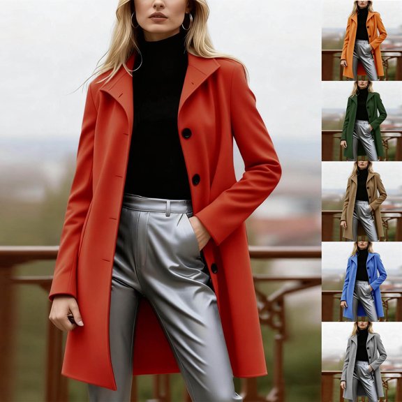 Jsaierl Women's Long Lapel Collar Wool Coat Single Breasted Elegant Business Casual Winter Overcoat for Work Office Wear