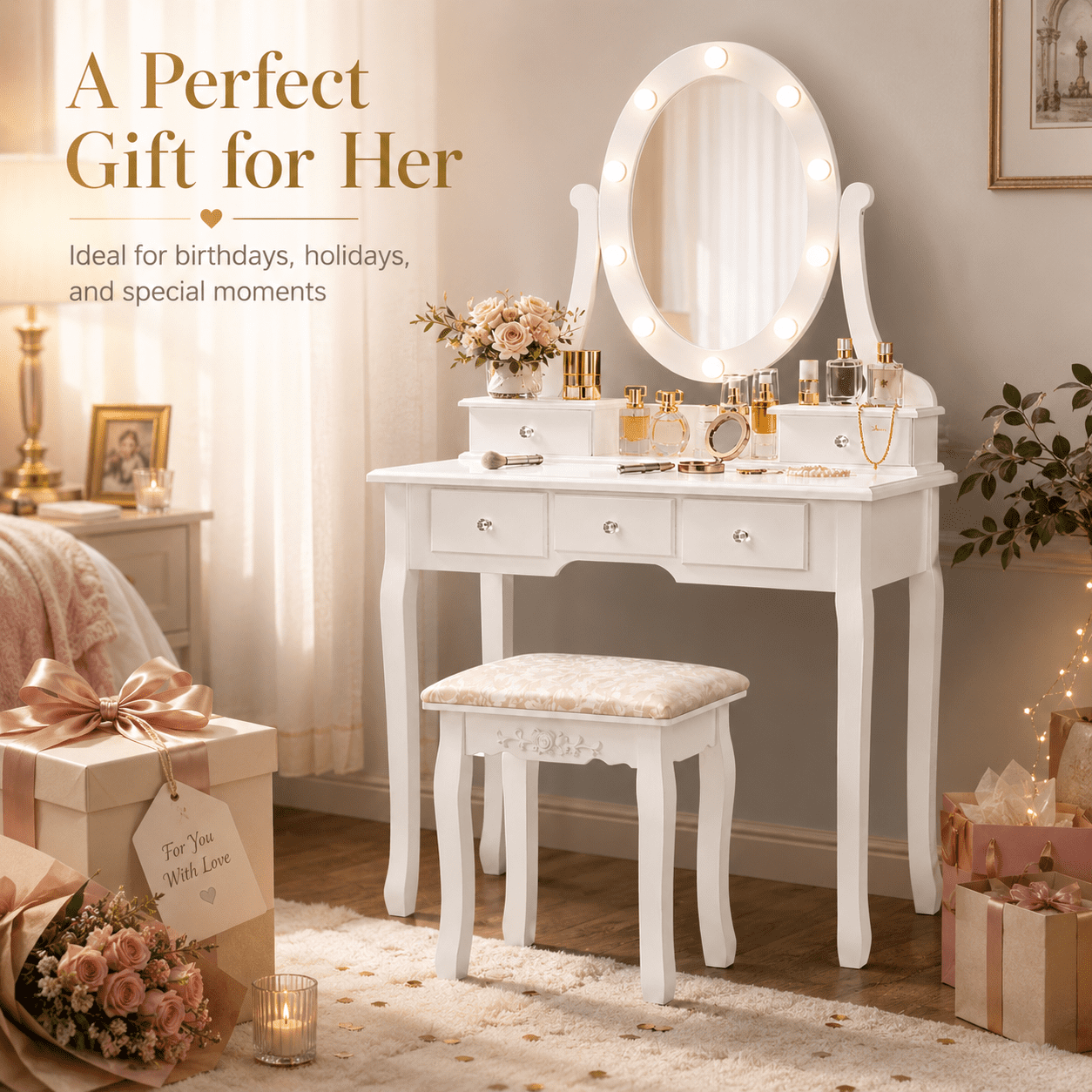 Ktaxon Vanity Table 10 LED Lights, 5 Drawers Makeup Dressing Desk with Cushioned Stool Set,Bedroom Vanities Set White