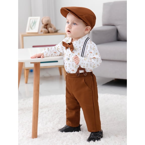 WESIDOM Baby Boy Clothes 0-18M Newborn Infant Gentleman Outfit, Shirt Bowtie Beret Suspender Pant Baby boy Suit Clothing Set