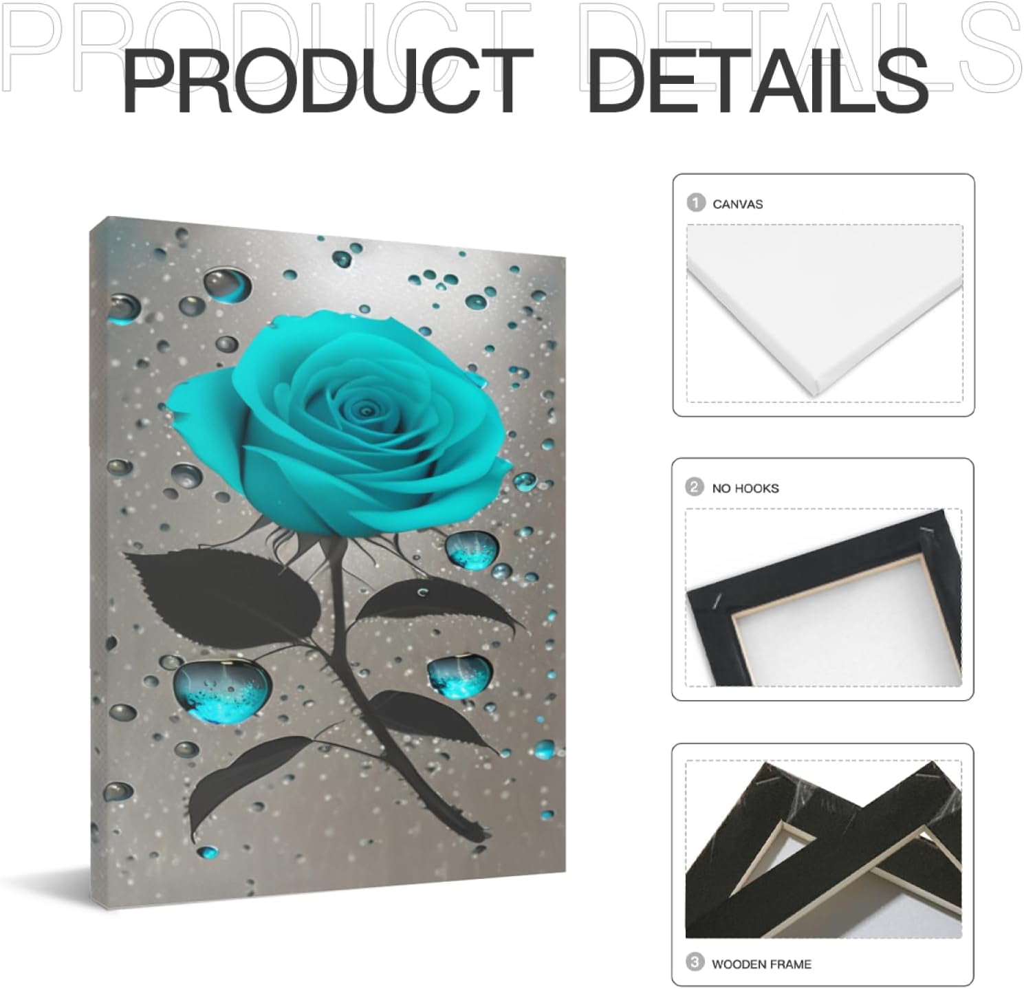 Teal Rose Canvas Wall Art Turquoise Blue Flower Prints Contemporary Black and White Pictures for Bathroom Wall Decor 12 x 16 Inch