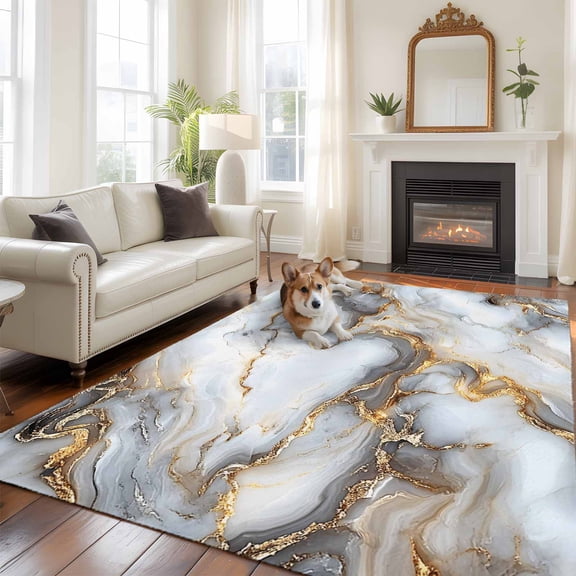 5'x8' Area Rugs, Marble White Yellow Indoor Outdoor Area Rug for Living Room Bedroom, Modern Art Ink Painting Washable Bathroom Rugs Kitchen Floor Carpet Mats Home Decor Aesthetic