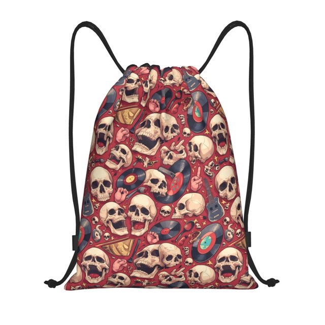Lsque Skull record Guitar music Print Drawstring Backpack Bag Sport Gym Sackpack Cinch Bags Drawstring Bags Draw String Sport Bag-Small