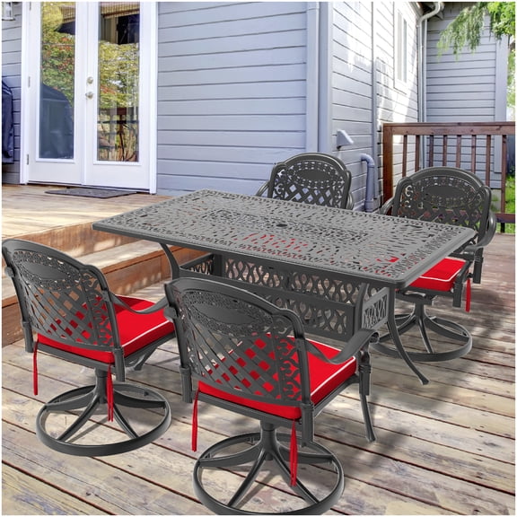 Black Cast Aluminum Outdoor Dining Set with 4 Swivel Chairs and Table for Garden or Patio