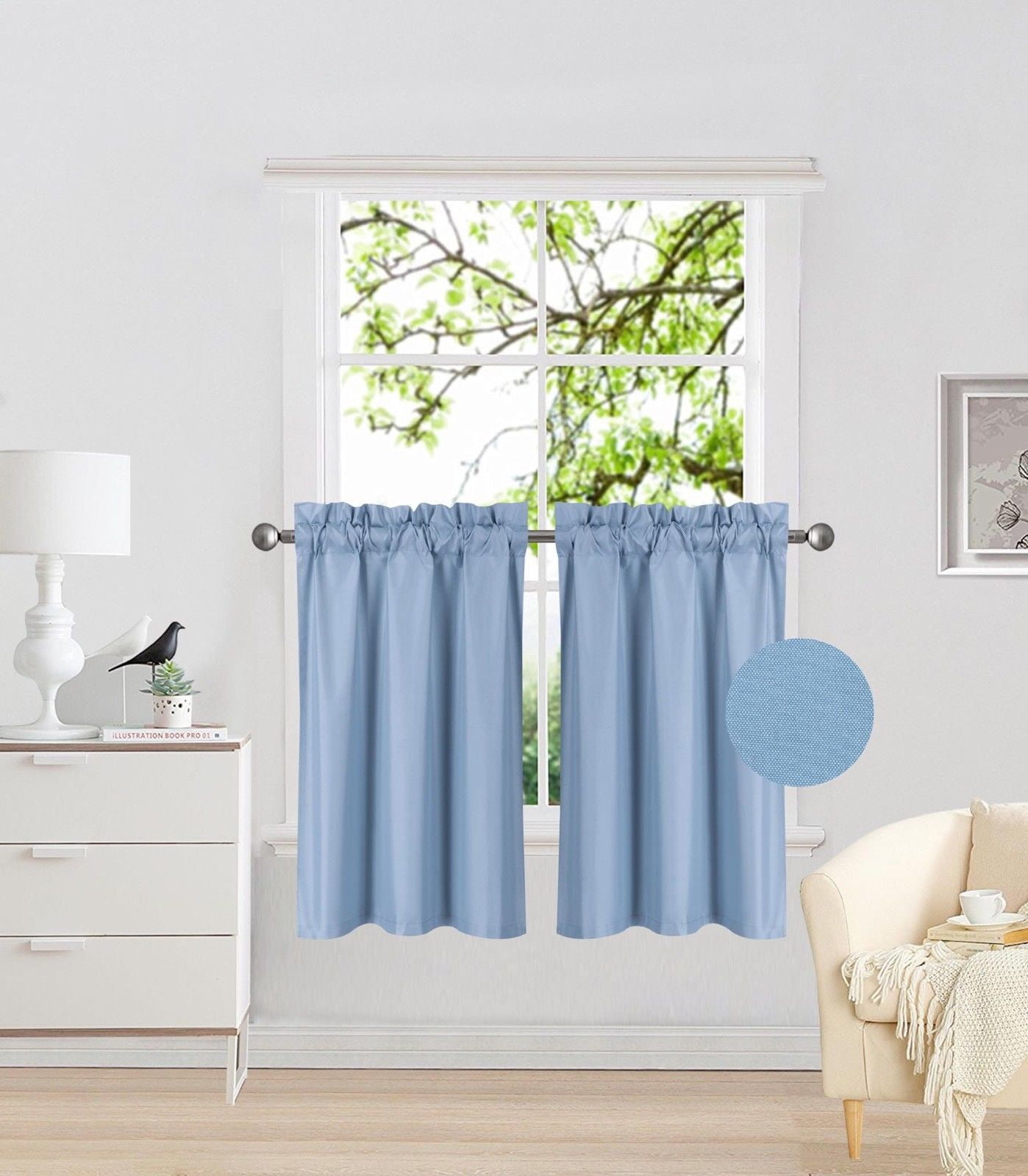 RS5 1Set Light Blue Rod Pocket Silky Window Curtain Lined Blackout