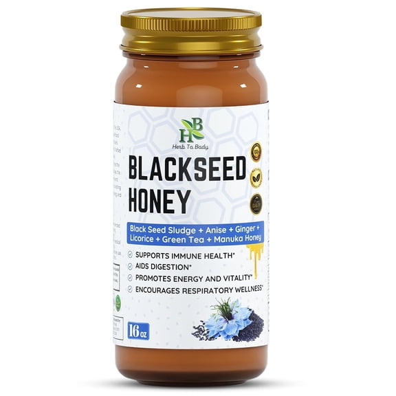 Herb To Body Black Seed Honey 16oz - Premium Superfood Blend with Organic Manuka Honey, Royal Jelly, Ginseng, Bee Propolis & Licorice, Gluten Free, Non GMO, Immune Booster